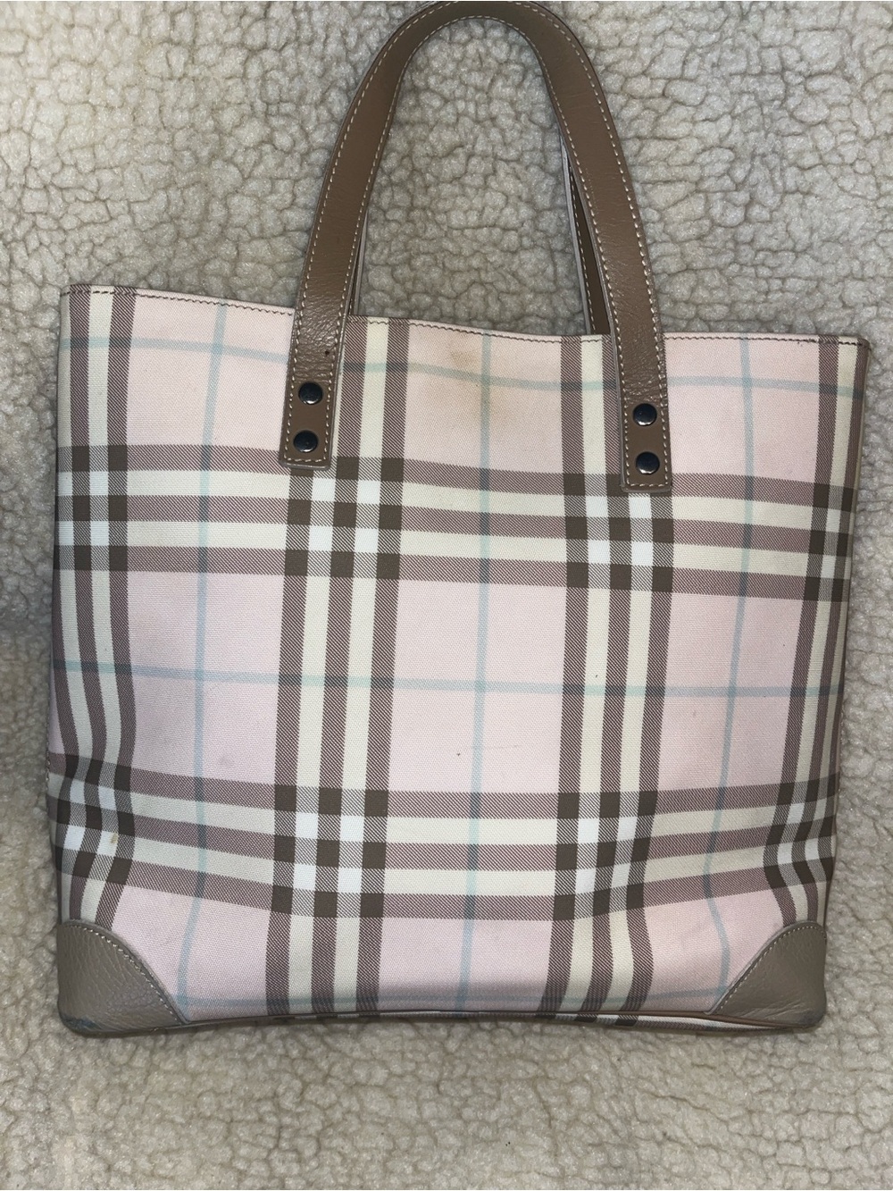 Vintage Burberry Pink Plaid Tote with Taupe Leather Handles